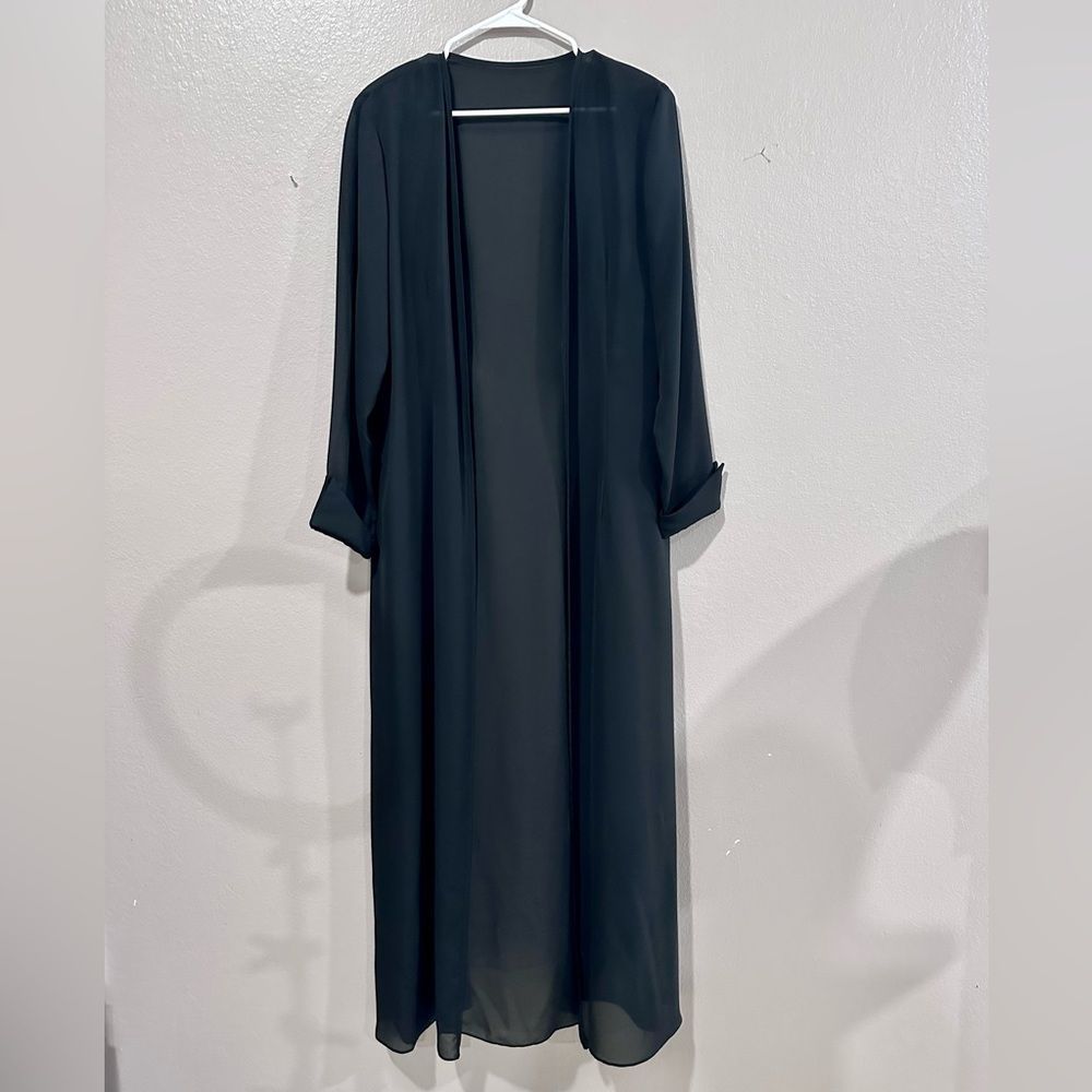 Dave & Johnny long sheer duster cardigan with shoulder pads and angled sleeves